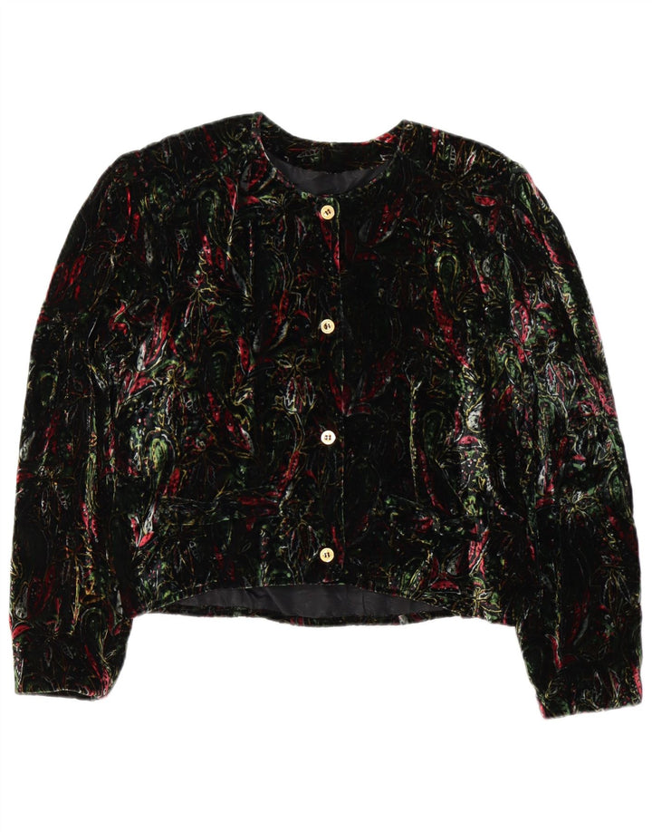 Giacca blazer vintage da donna a 4 bottoni corta UK 12 verde medio floreale retrò