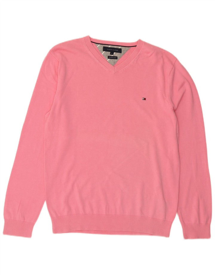Maglione maglione con scollo a V da uomo Tommy Hilfiger grande cotone rosa