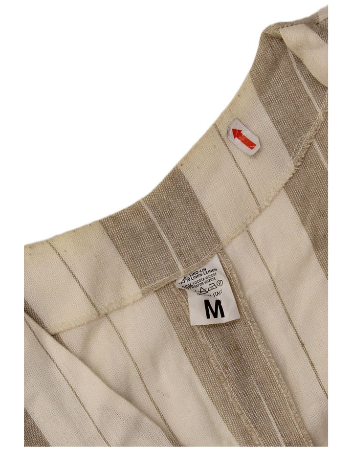 Camicetta camicia a maniche corte da donna vintage UK 14 Lino a righe beige medio
