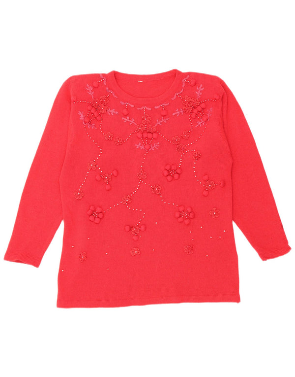 Maglione maglione con scollo a barca da donna vintage UK 16 grande lana floreale rossa
