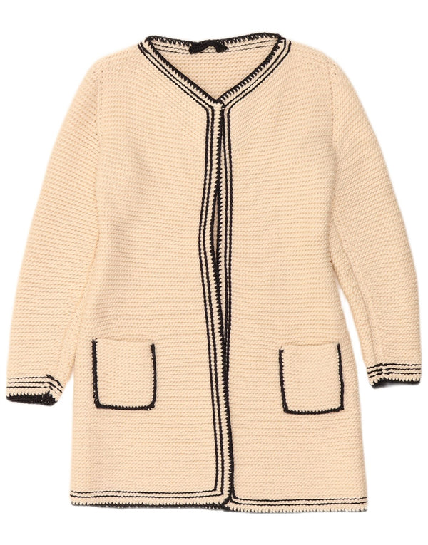 Maglione cardigan lungo da donna vintage UK 10 piccolo bianco sporco