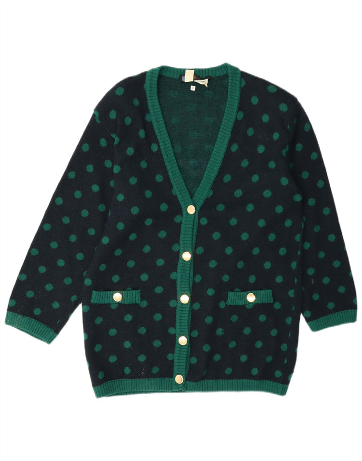 Maglione cardigan da donna vintage UK 14 lana media a pois blu navy