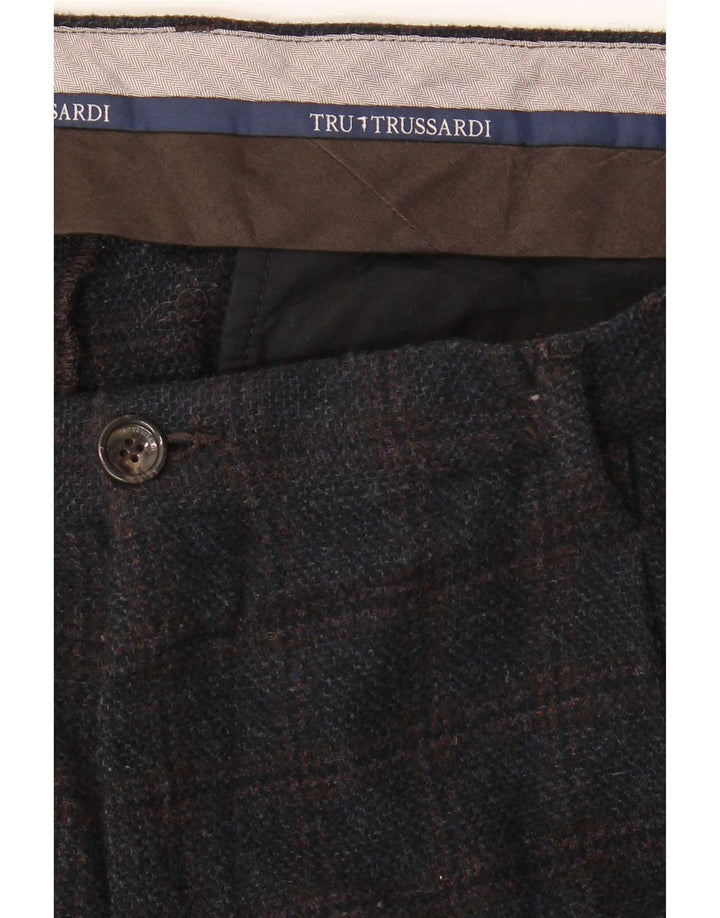 Pantaloni da Abito Dritti Trussardi Uomo W38 L33 Blu Navy a Quadri