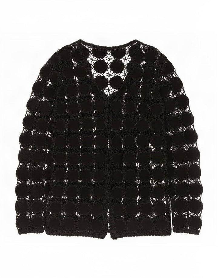 Top cardigan all'uncinetto trasparente da donna vintage UK 14 medio nero