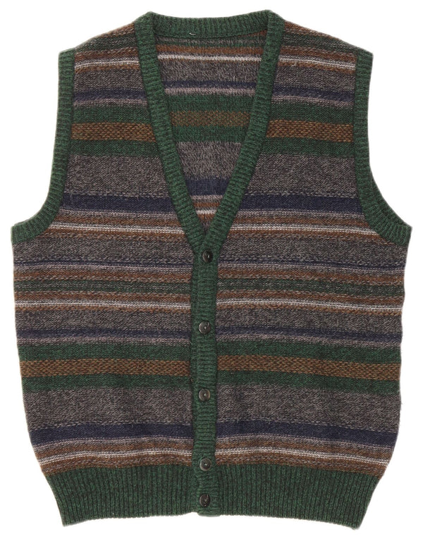 Maglione cardigan senza maniche vintage da uomo in lana a righe multicolori medie