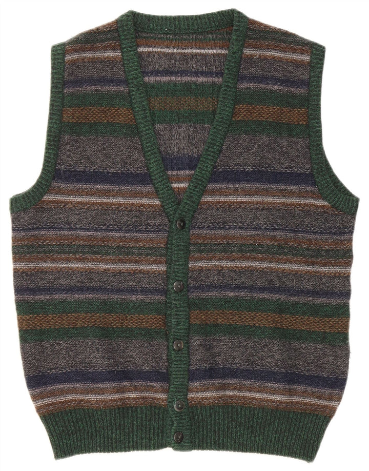 Maglione cardigan senza maniche vintage da uomo in lana a righe multicolori medie