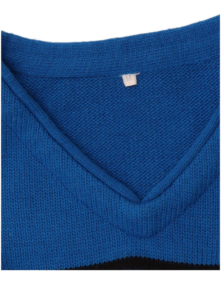 Maglione vintage da uomo con scollo a V color block blu medio