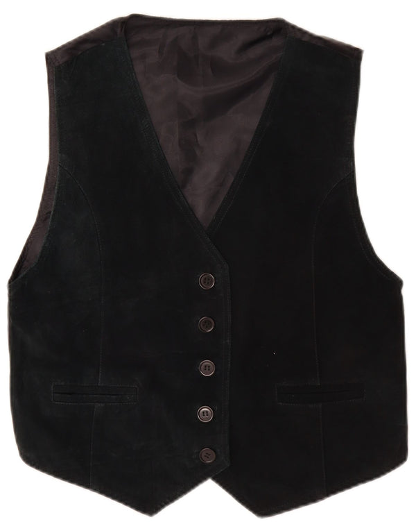 Gilet vintage in pelle scamosciata da donna UK 10 piccolo in pelle nera