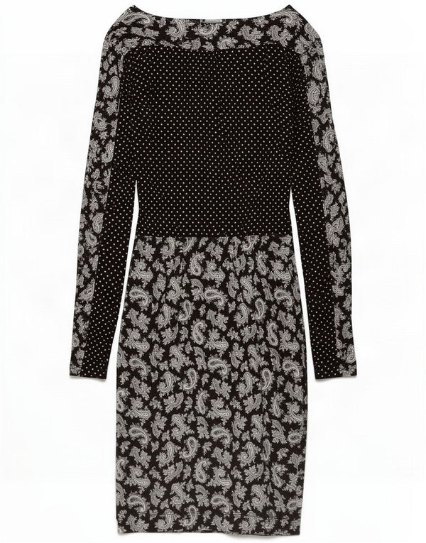 French Connection Abito tubino a maniche lunghe da donna UK 8 piccolo nero con motivo cachemire