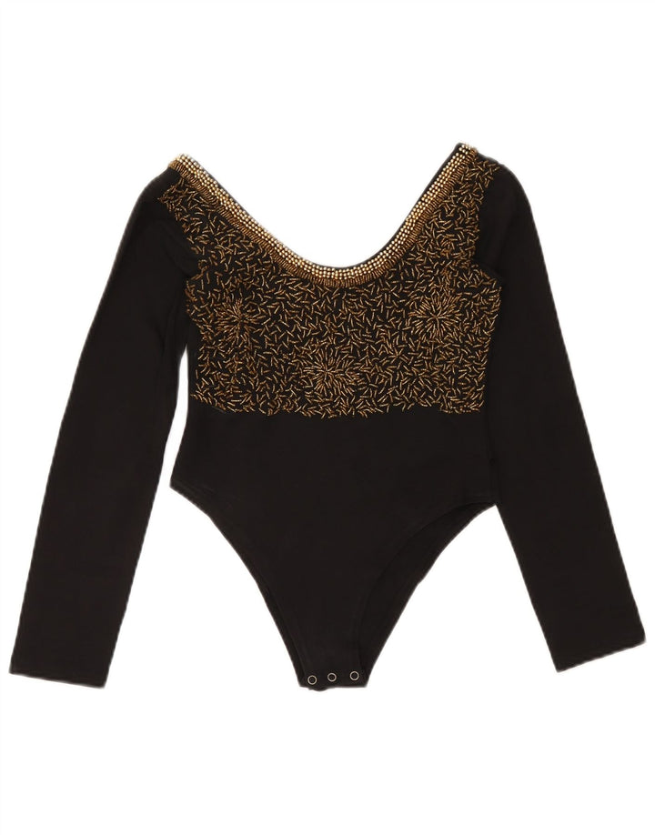Body vintage da donna a maniche lunghe UK 12 cotone nero medio