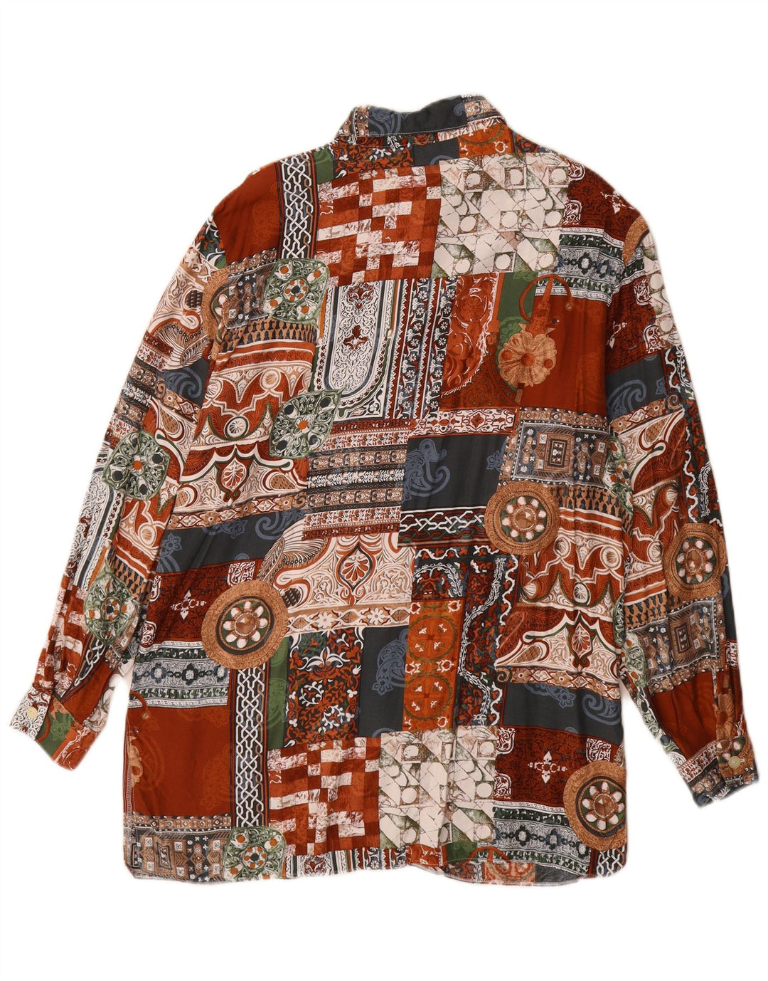 Camicia lunga da donna vintage UK 14 Viscosa patchwork multicolore grande