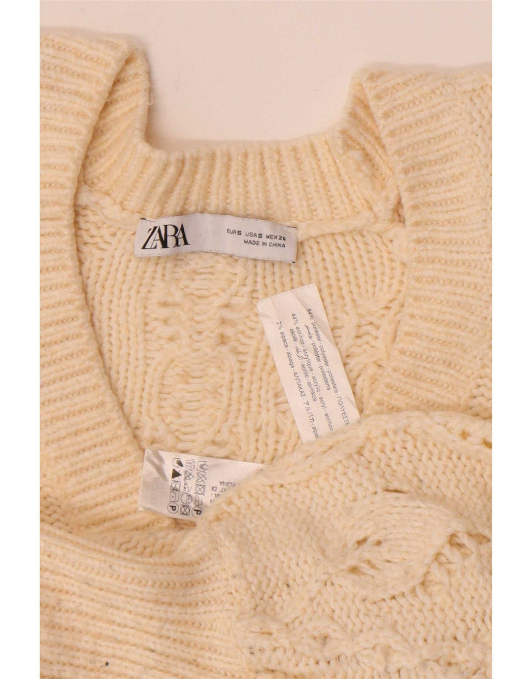 Maglione cardigan corto da donna Zara UK 10 piccolo poliestere bianco sporco