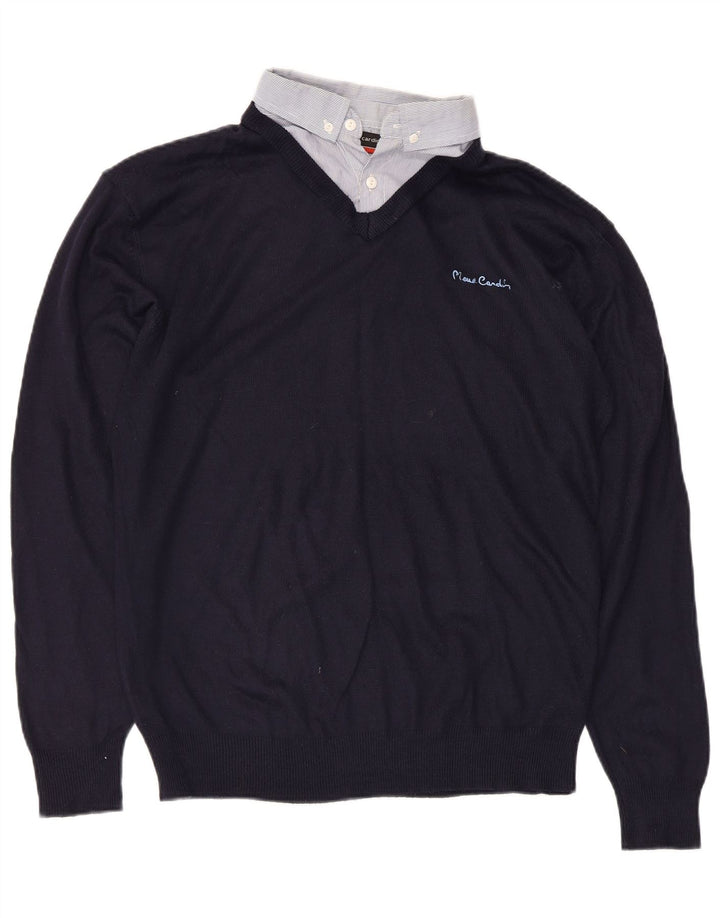 Maglione da uomo con scollo a V Pierre Cardin medio acrilico blu navy