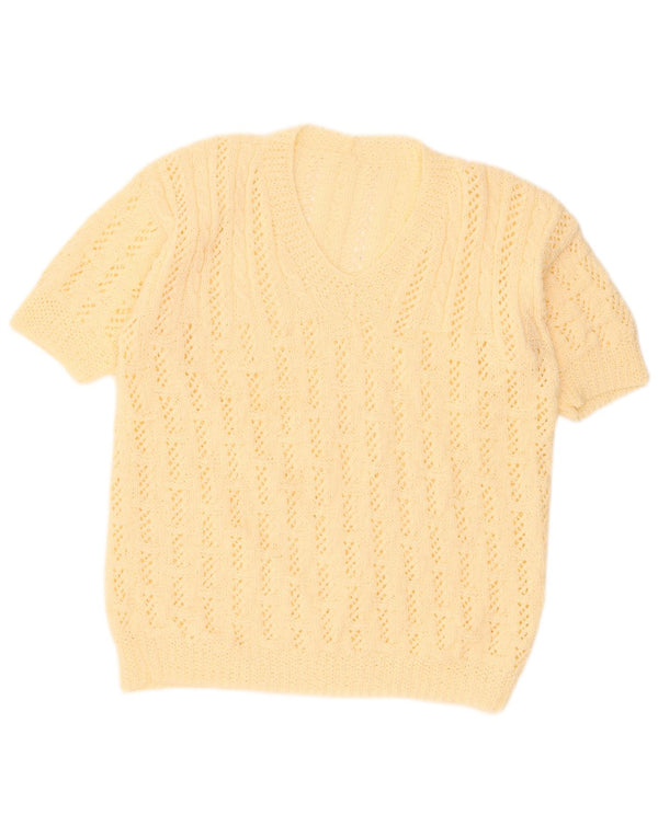 Maglione vintage da donna a maniche corte con scollo a V UK 18 XL Beige