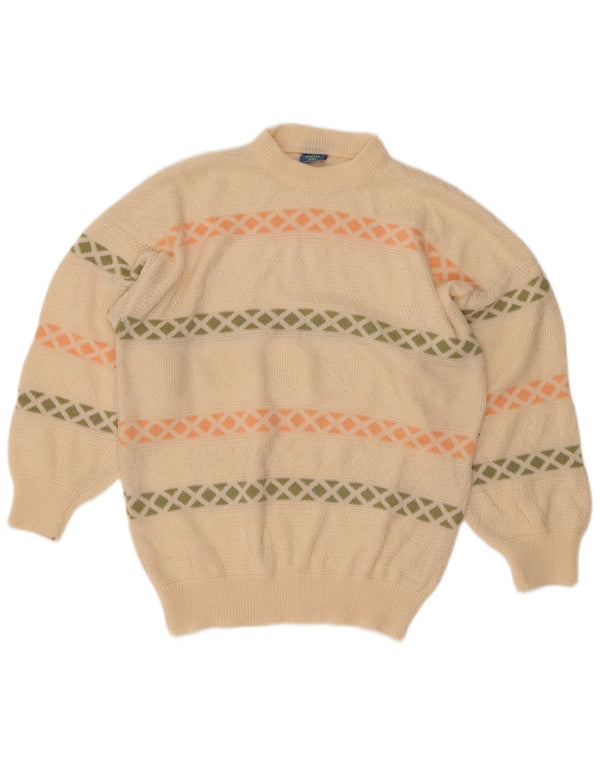 Maglione vintage da donna con collo alto e maglione UK 16 grande bianco sporco geometrico