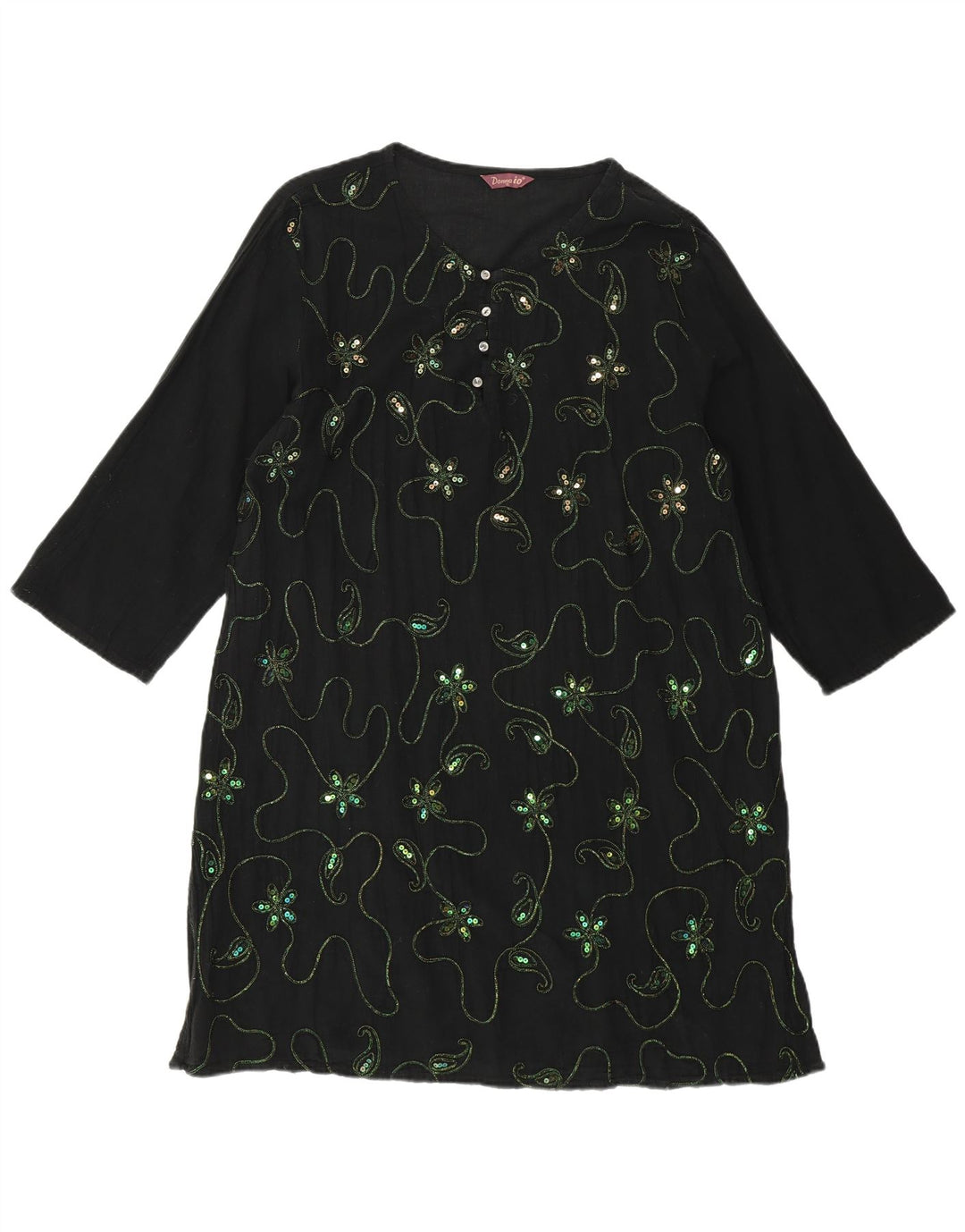 Abito a tunica con maniche a 3/4 da donna VINTAGE UK 18 XL Nero floreale