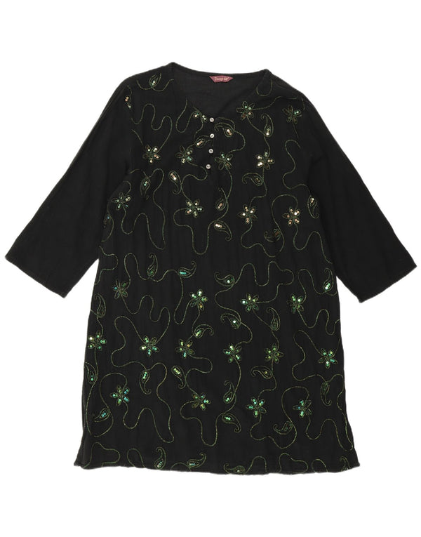 Abito a tunica con maniche a 3/4 da donna VINTAGE UK 18 XL Nero floreale