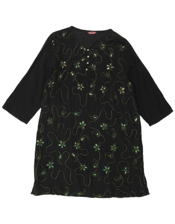 Abito a tunica con maniche a 3/4 da donna VINTAGE UK 18 XL Nero floreale