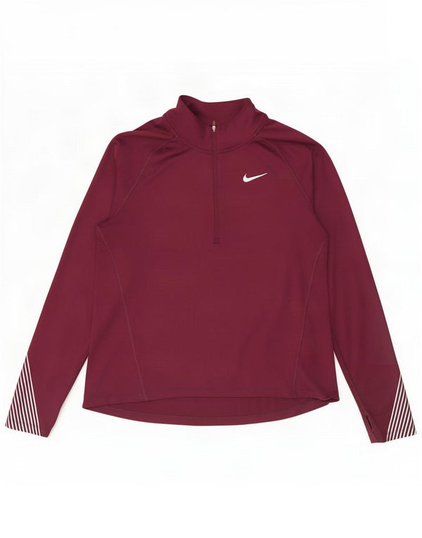 Top della tuta da ginnastica Nike da donna con collo e zip UK 16 Large Burgundy Striped