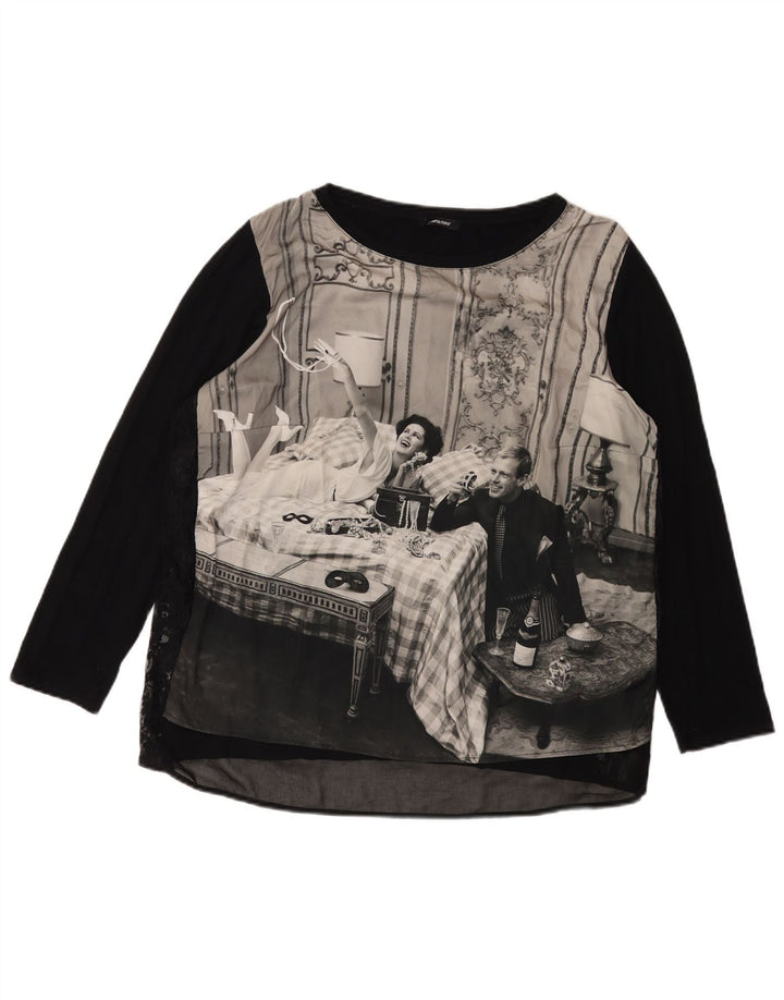 ELENA MIRO Top grafico da donna manica lunga UK 18 XL Nero