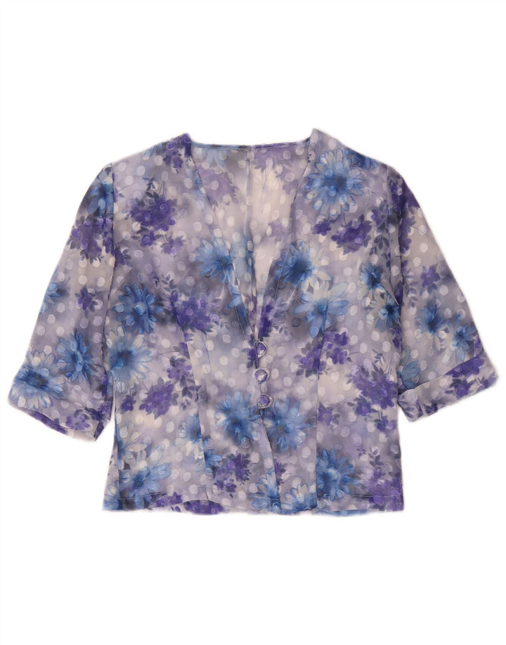 Giacca blazer vintage da donna a maniche corte UK 14 viola medio floreale