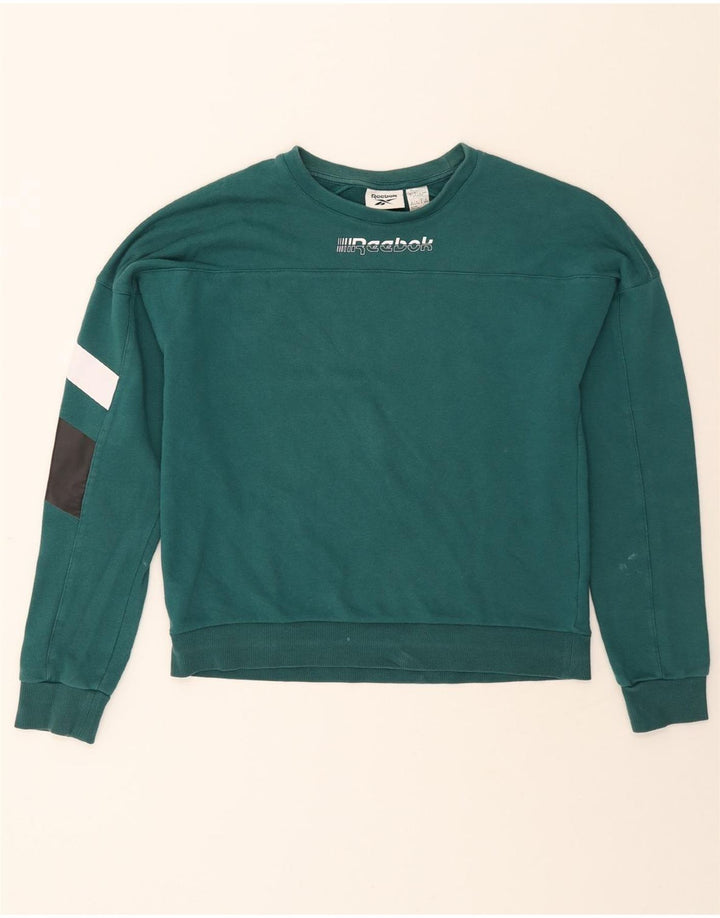 REEBOK Womens Graphic Sweatshirt Jumper UK 12/14 Medium Green Colourblock Vintage Reebok and Second-Hand Reebok from Messina Hembry 