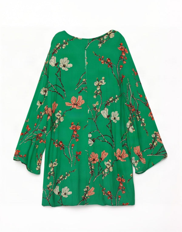 Abito a trapezio a maniche lunghe da donna Zara UK 12 Seta floreale verde medio