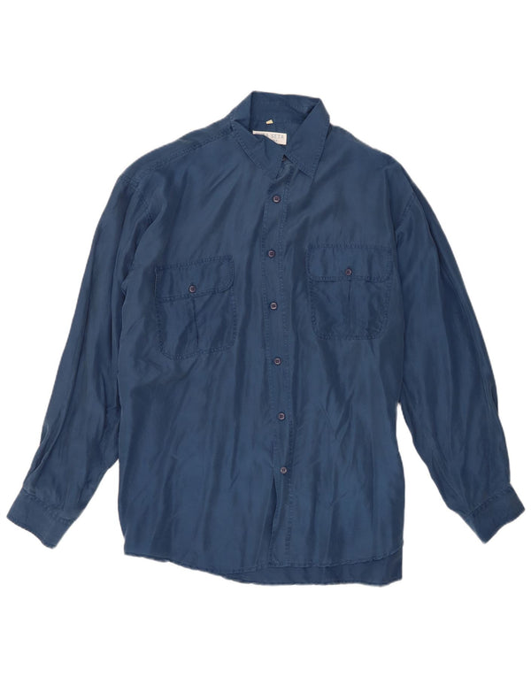 Camicia vintage da uomo grande in seta blu