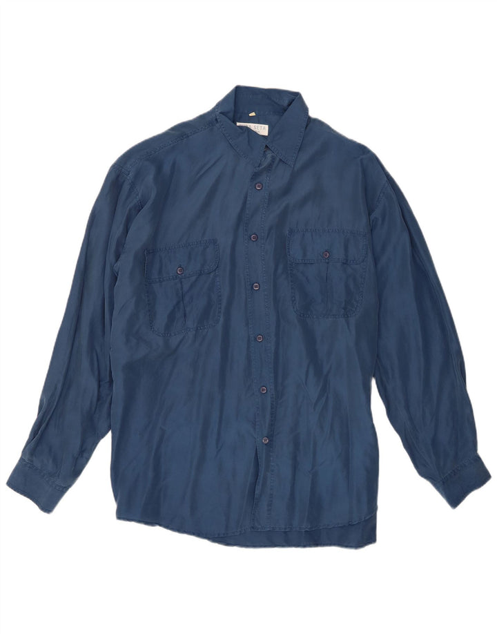 Camicia vintage da uomo grande in seta blu