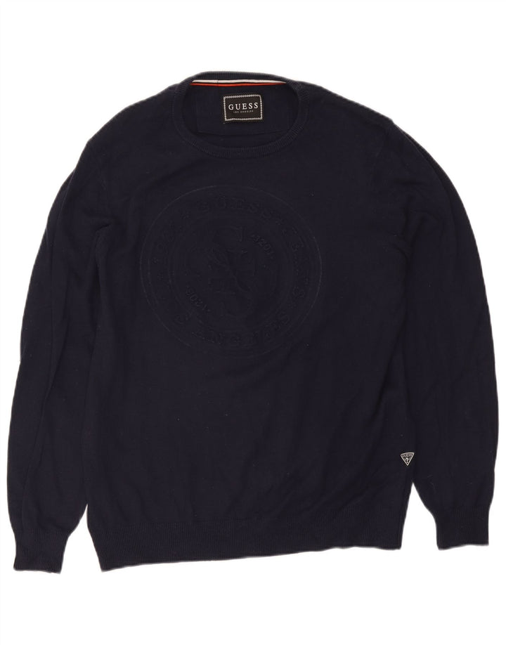 Guess Maglione da uomo con scollo a barchetta con grafica UK 40 Blu navy medio