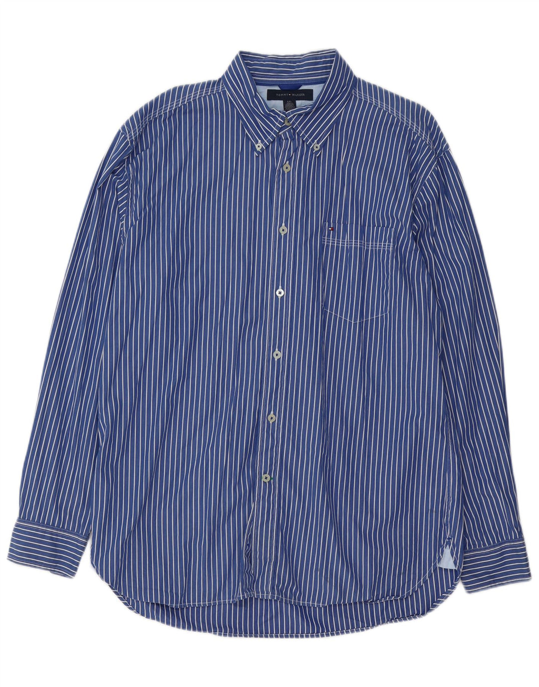 TOMMY HILFIGER Camicia da uomo grande in cotone gessato blu anni '80