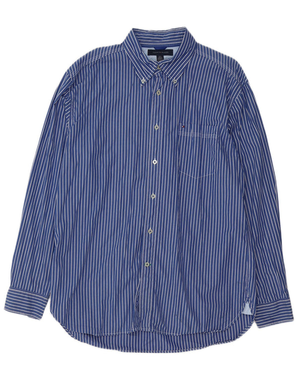 TOMMY HILFIGER Camicia da uomo grande in cotone gessato blu anni '80