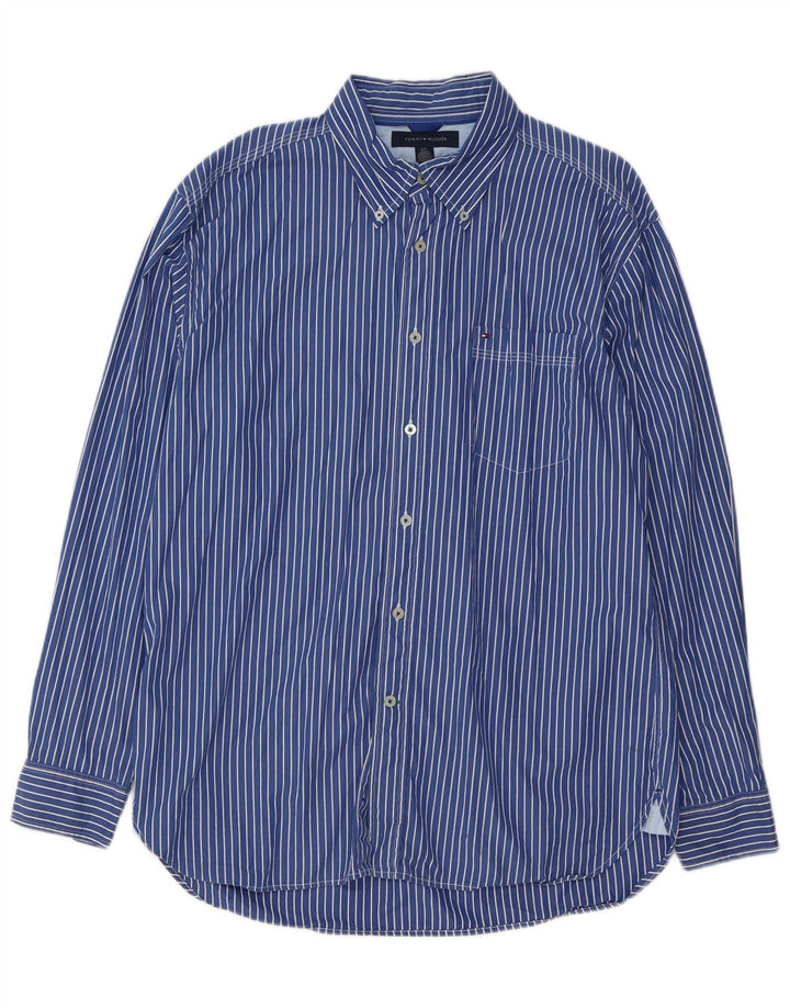 TOMMY HILFIGER Camicia da uomo grande in cotone gessato blu anni '80