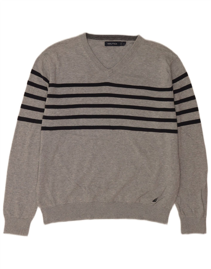 Maglione da uomo con scollo a V Nautica in cotone a righe grigio medio