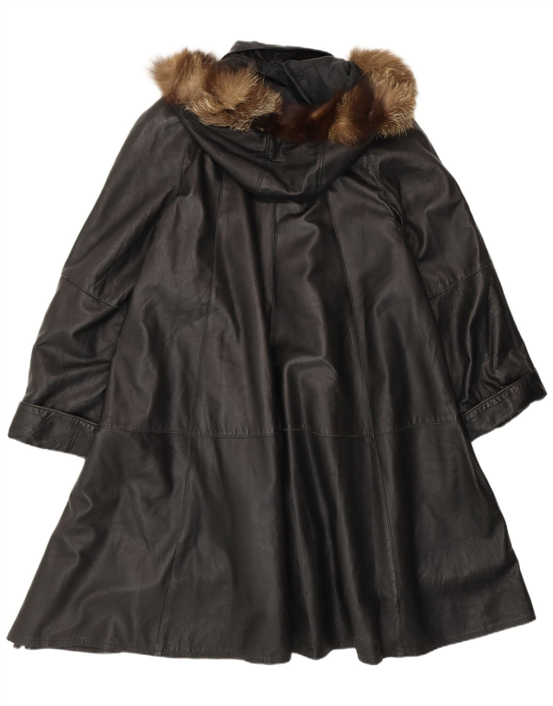 Cappotto in pelle vestibilità ampia con cappuccio da donna VINTAGE UK 14 Pelle nera media