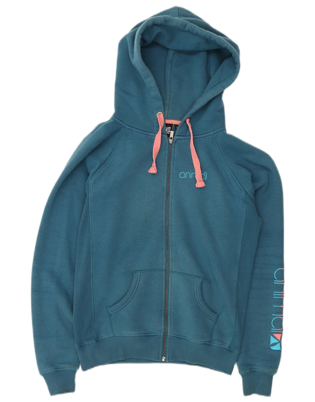 ANIMAL Maglione con cappuccio e zip grafica da donna UK 12 Cotone blu medio