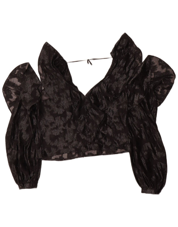 Top camicetta a maniche lunghe corta da donna vintage UK 14 medio nero floreale