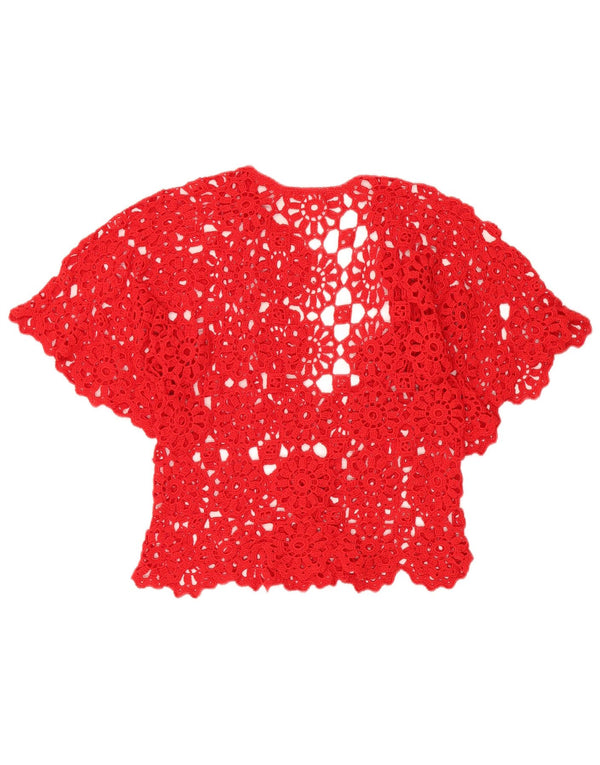 Top cardigan all'uncinetto a maniche corte da donna VINTAGE UK 12 rosso medio floreale