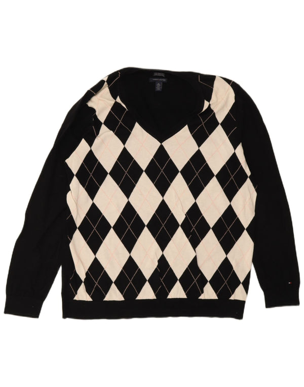 Tommy Hilfiger Donna Maglione con scollo a V Maglione UK 20 2XL Nero Argyle/Diamante