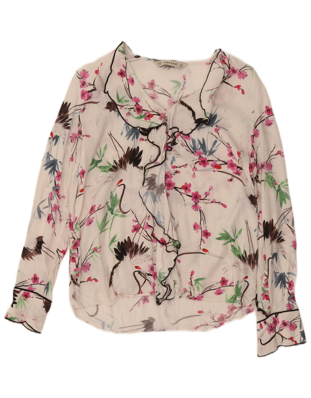 ZARA Womens Oversized Ruffle Front Blouse Top UK 6 XS White Floral