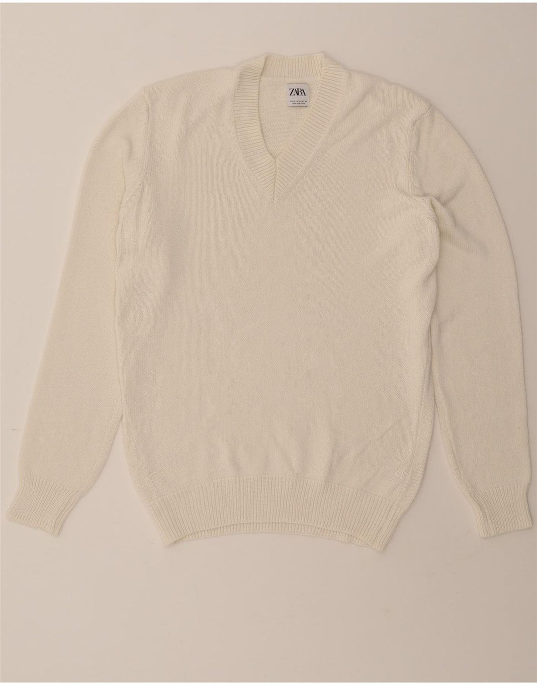 ZARA Mens V-Neck Jumper Sweater Medium White Cotton Vintage Zara and Second-Hand Zara from Messina Hembry 