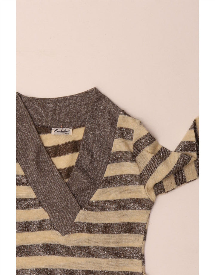 SOPHYLINE Maglione da donna con scollo a V UK 8 Piccolo poliestere a righe beige