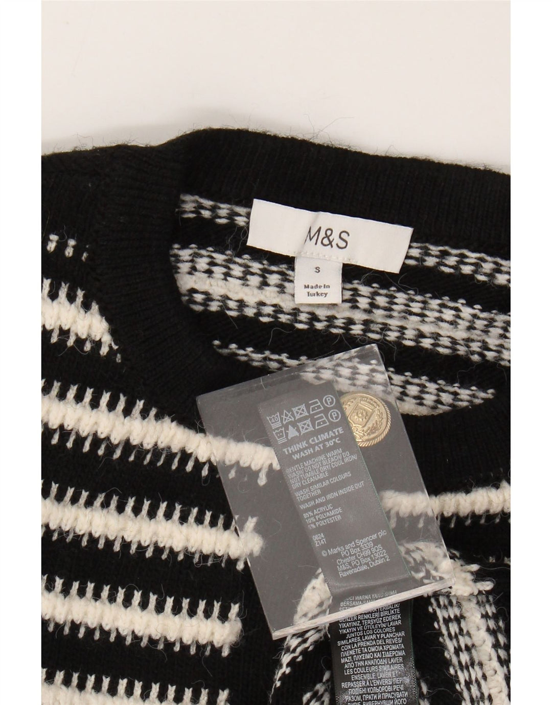 MARKS & SPENCER Maglione cardigan da donna UK 10 Piccolo acrilico a strisce nere