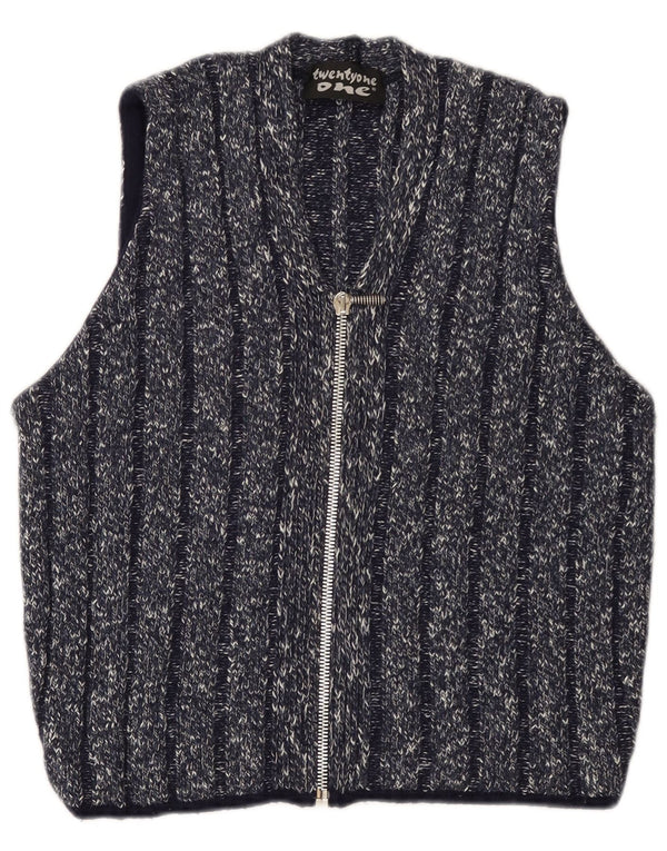 Maglione cardigan senza maniche vintage da donna UK 14 medio blu navy screziato