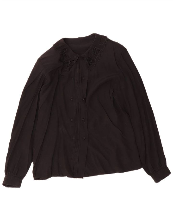 Camicetta camicia vintage da donna UK 12 acetato nero medio
