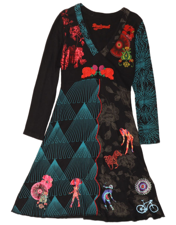 Desigual Abito da donna a maniche lunghe con grafica grafica UK 14 Grande floreale nero