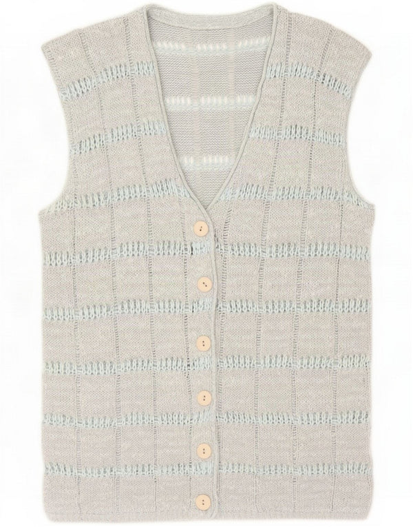 Maglione cardigan senza maniche vintage da donna UK 14 a righe blu medio