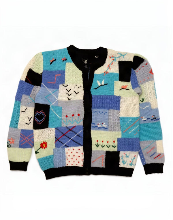 Maglione cardigan da donna vintage UK 16 Grande patchwork multicolore retrò