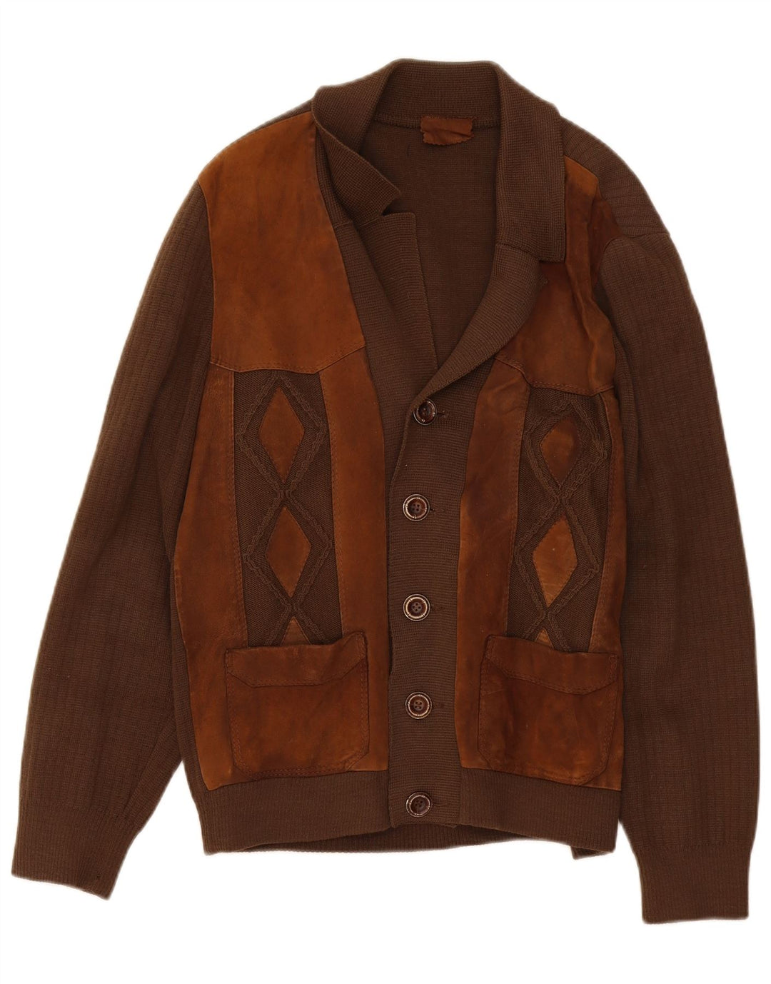 Maglione cardigan da uomo vintage color block marrone medio