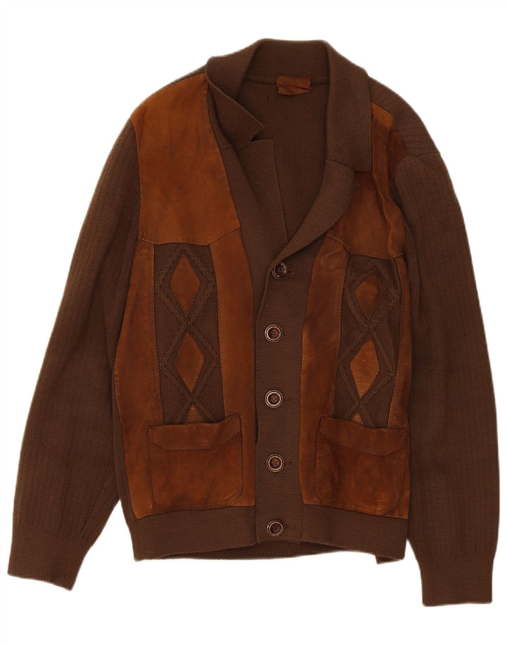 Maglione cardigan da uomo vintage color block marrone medio